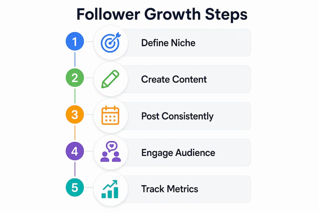 Infographic outlining five steps of follower growth process