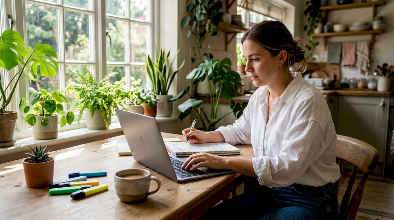 SEO analyst working with multiple monitors and notes
