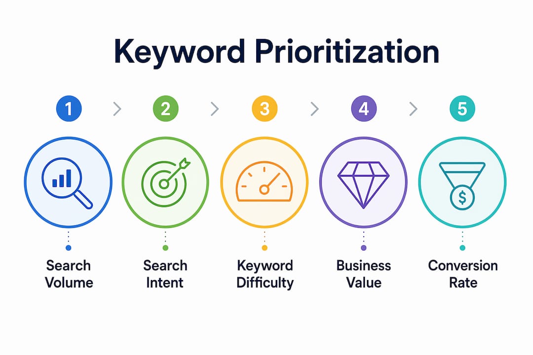 Infographic illustrating five dimensions of keyword prioritization