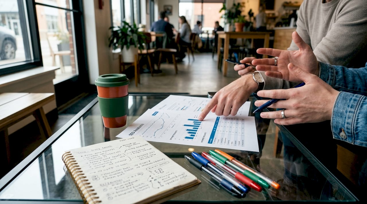 Hands pointing at SEO keyword analysis charts