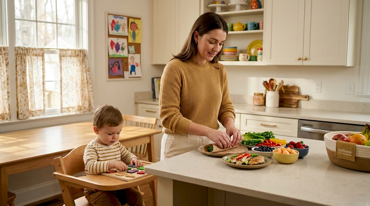 Nanny makes lunch while child colors nearby