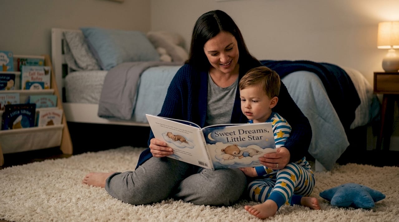 Bedtime story reading in calming living room scene
