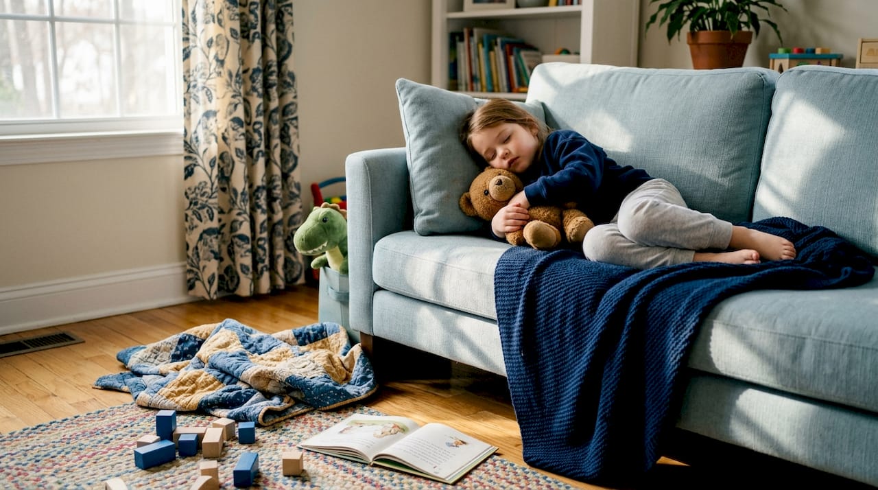 Preschooler napping on living room sofa