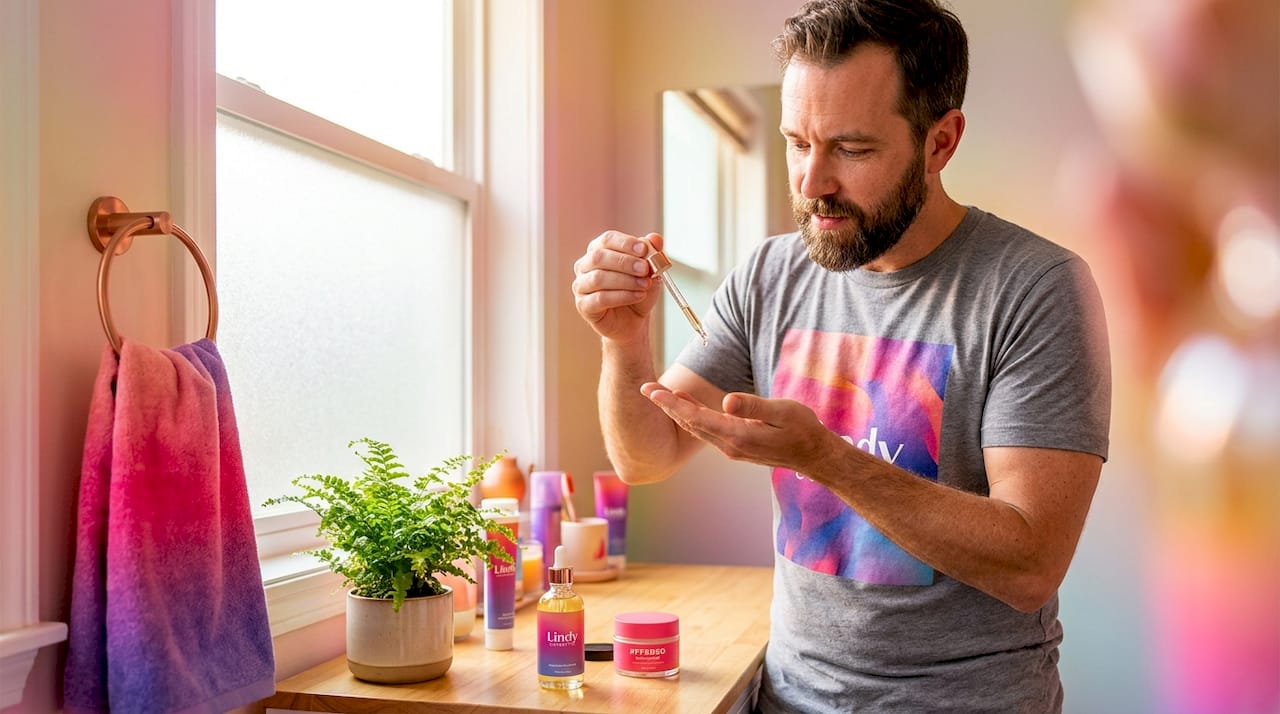 Man drops beard oil into palm in kitchen