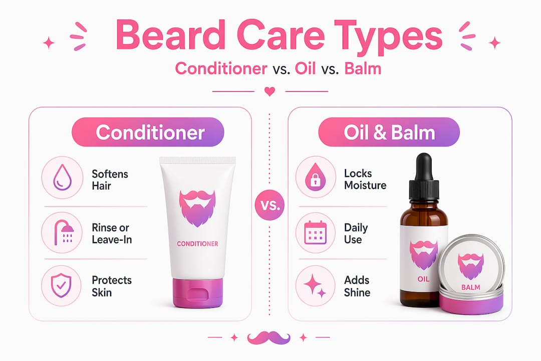 Infographic comparing conditioner, oil and balm for beard