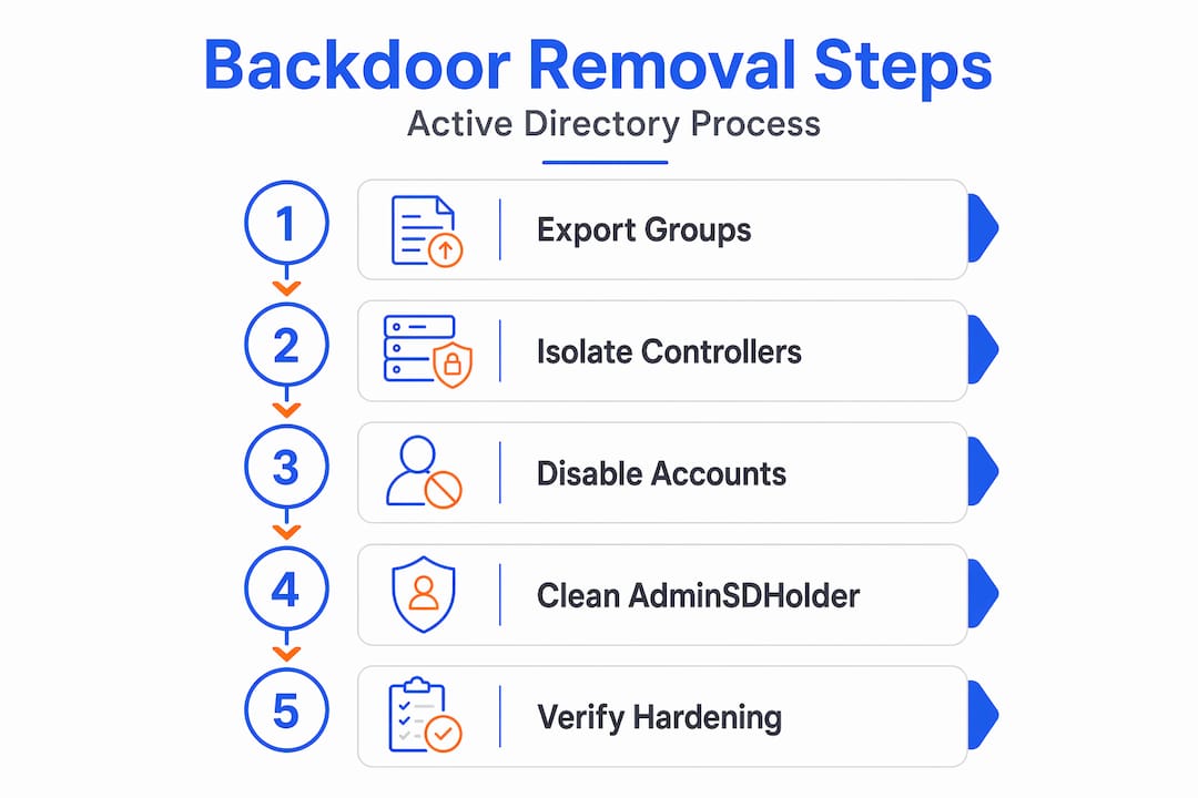 Infographic showing Active Directory backdoor removal steps