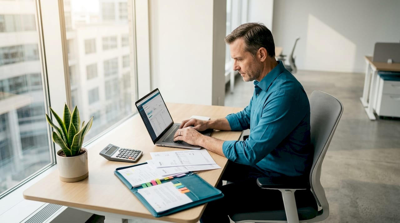 Business owner reviewing software cost documents