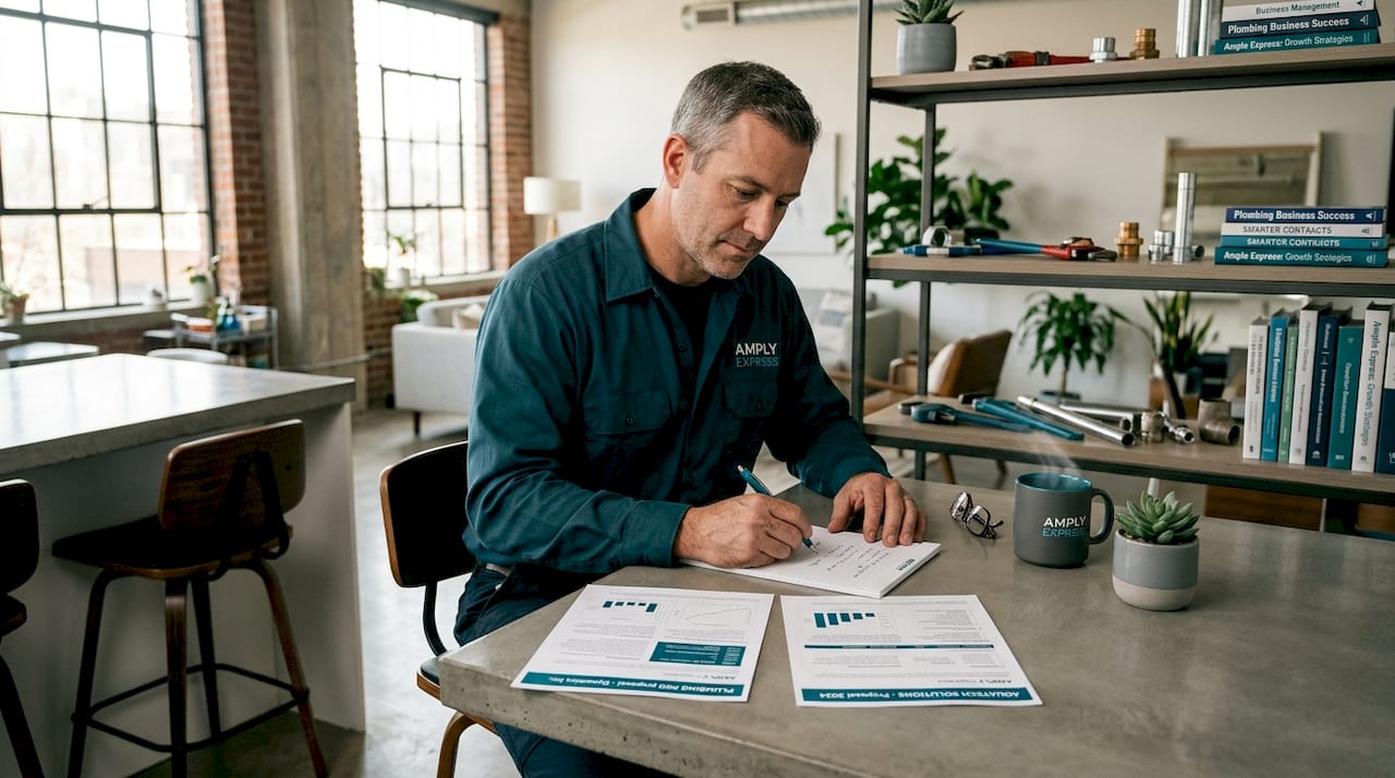 Plumber reviewing software proposals at kitchen table