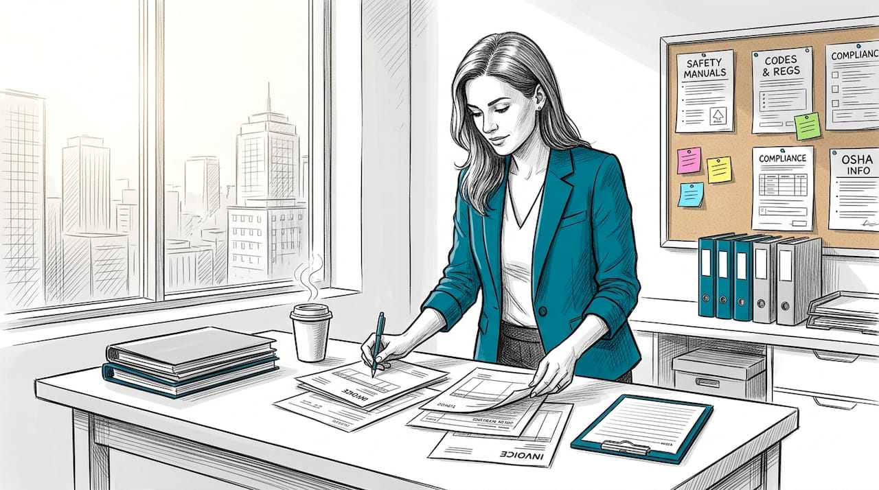Administrator organizing job costing paperwork