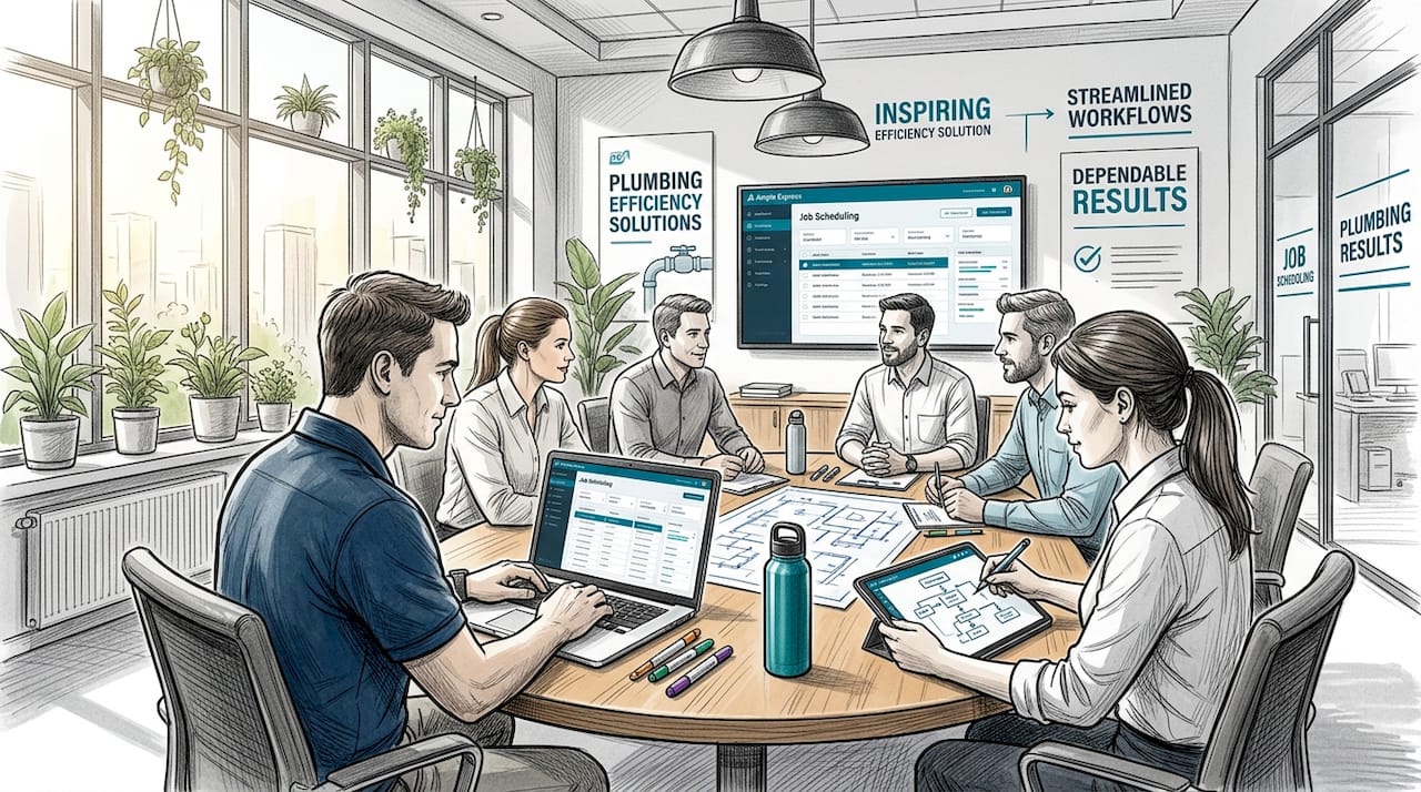 Plumbing team collaborating on scheduling software