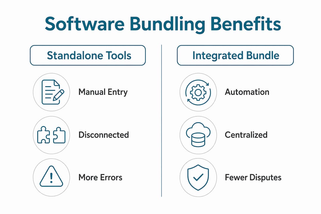 Infographic comparing standalone tools versus integrated software bundles