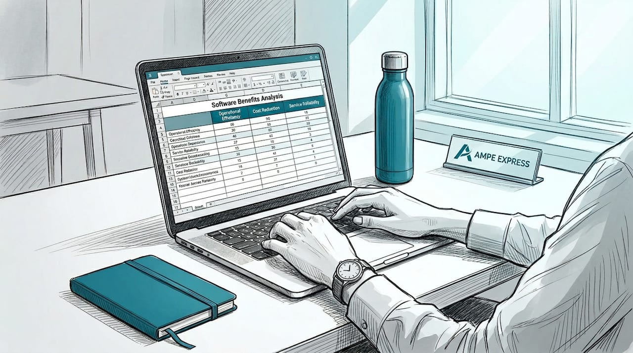 Contractor entering software benefit data on laptop