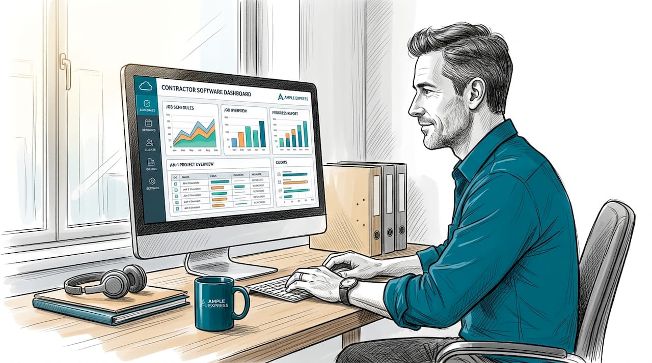 Contractor using cloud software on desktop