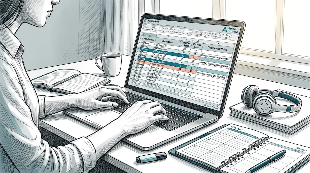 Hands working on plumbing inventory spreadsheet