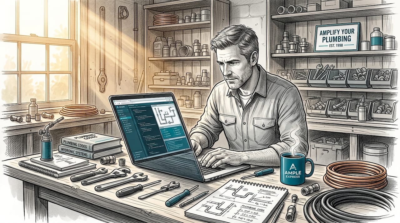 Plumber reviewing software risks on laptop