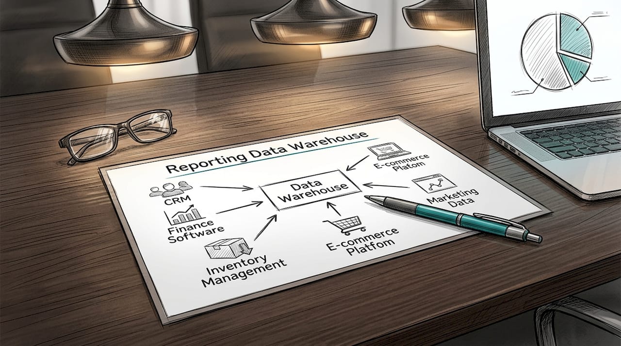 Printed data warehouse diagram with business tools