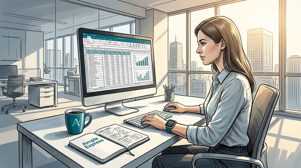 Business analyst reviewing report on computer screen