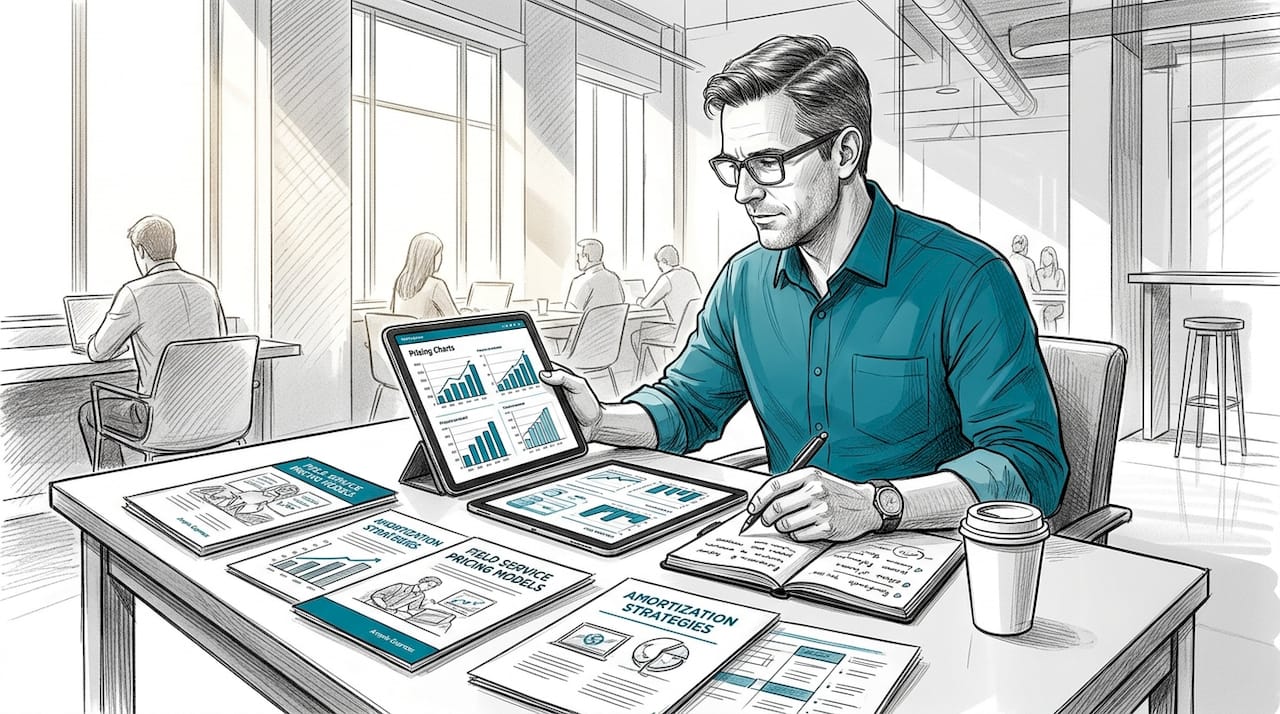 Field service manager reviewing pricing charts