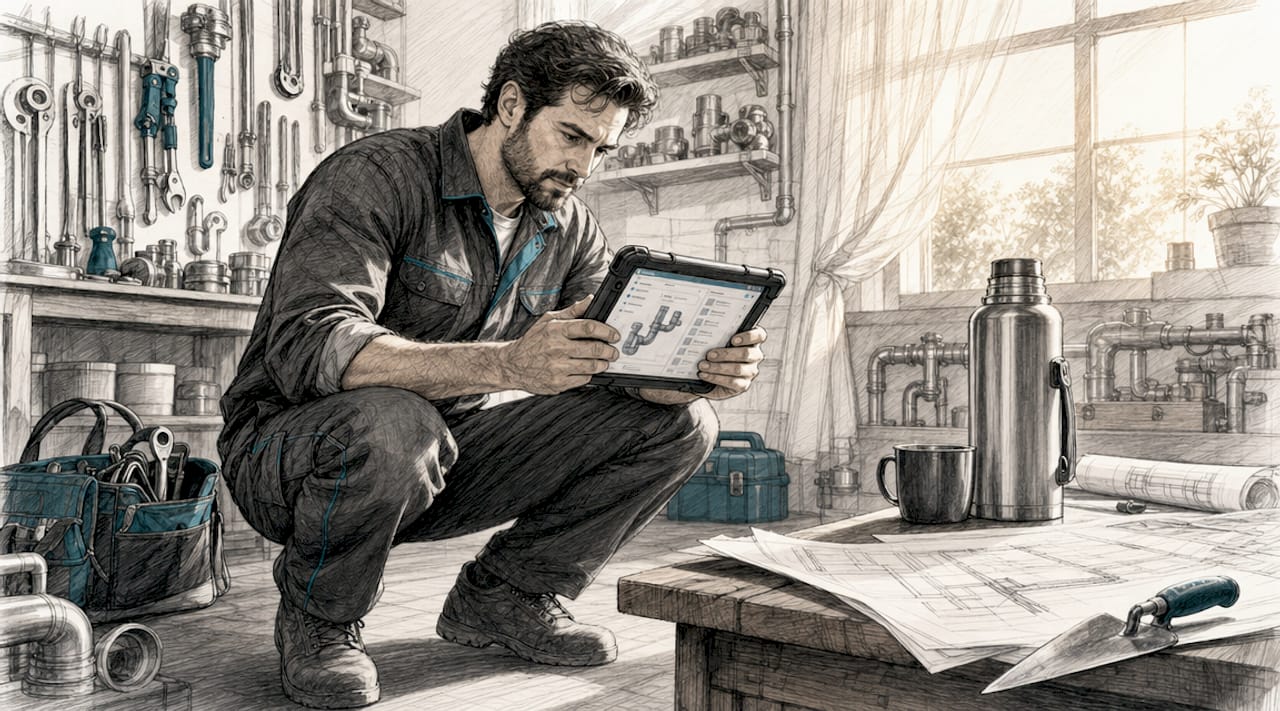 Plumber using plumbing software on tablet in workshop