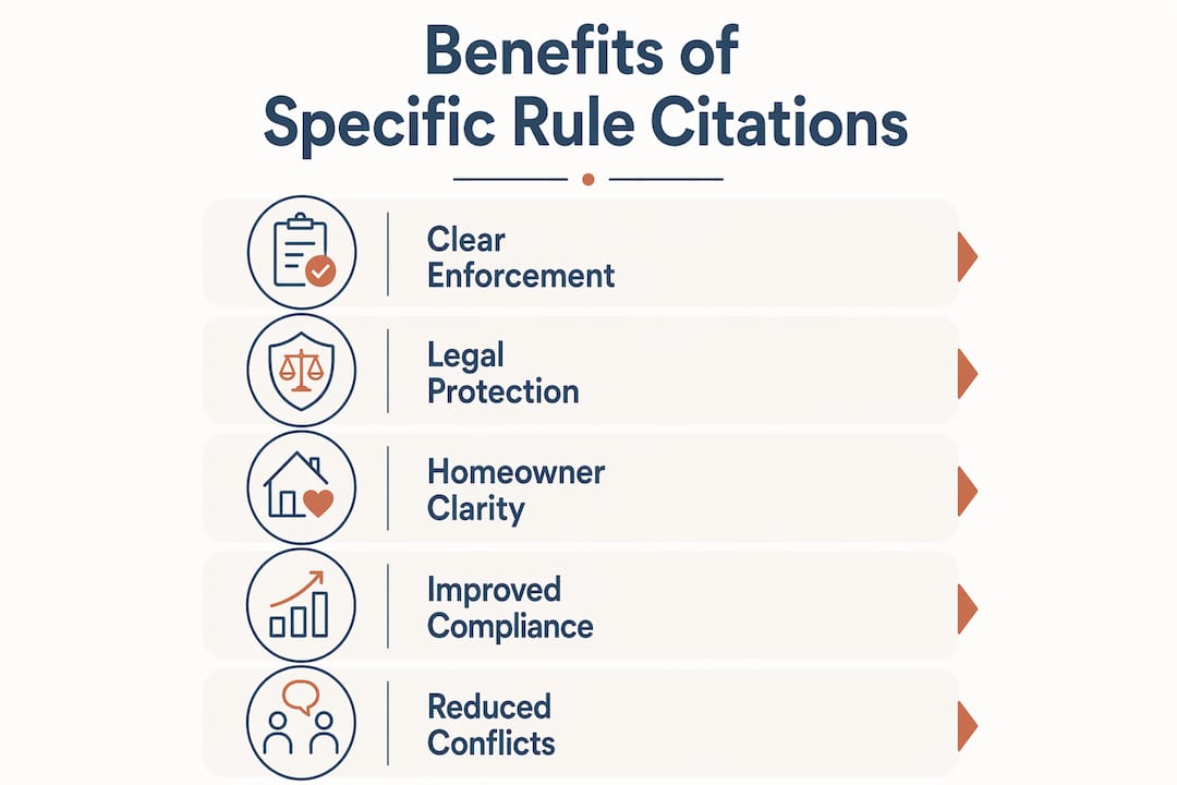 Infographic illustrating benefits of specific rule citations in HOA letters