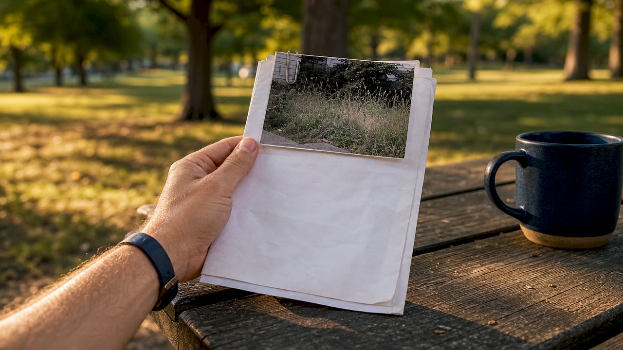 Hand holding HOA violation notice and timestamped photo