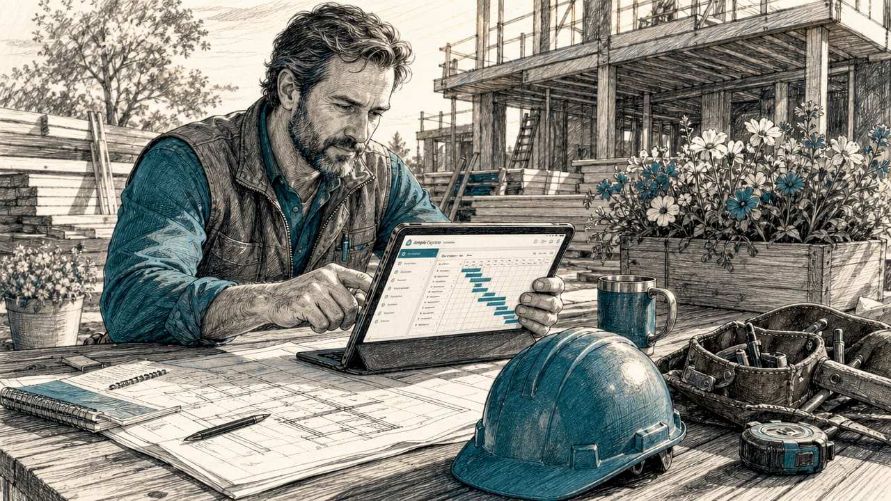 Contractor using software on tablet at site office
