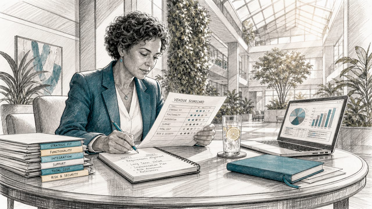 Businesswoman reviewing vendor scorecards in boardroom