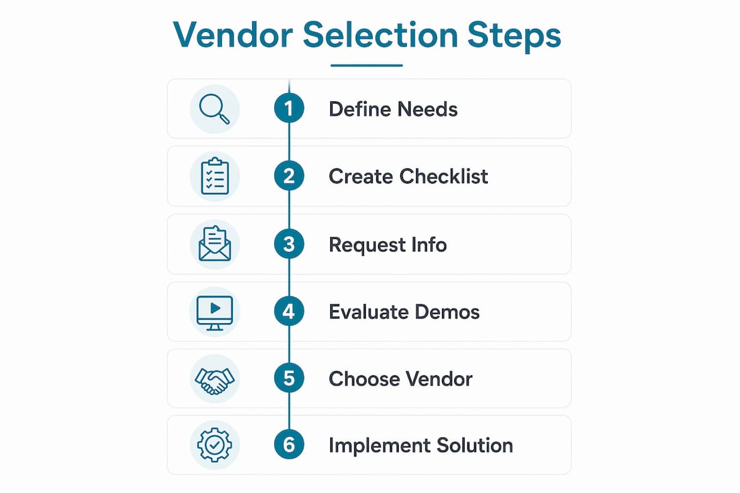 Infographic illustrating vendor selection steps in a vertical flow