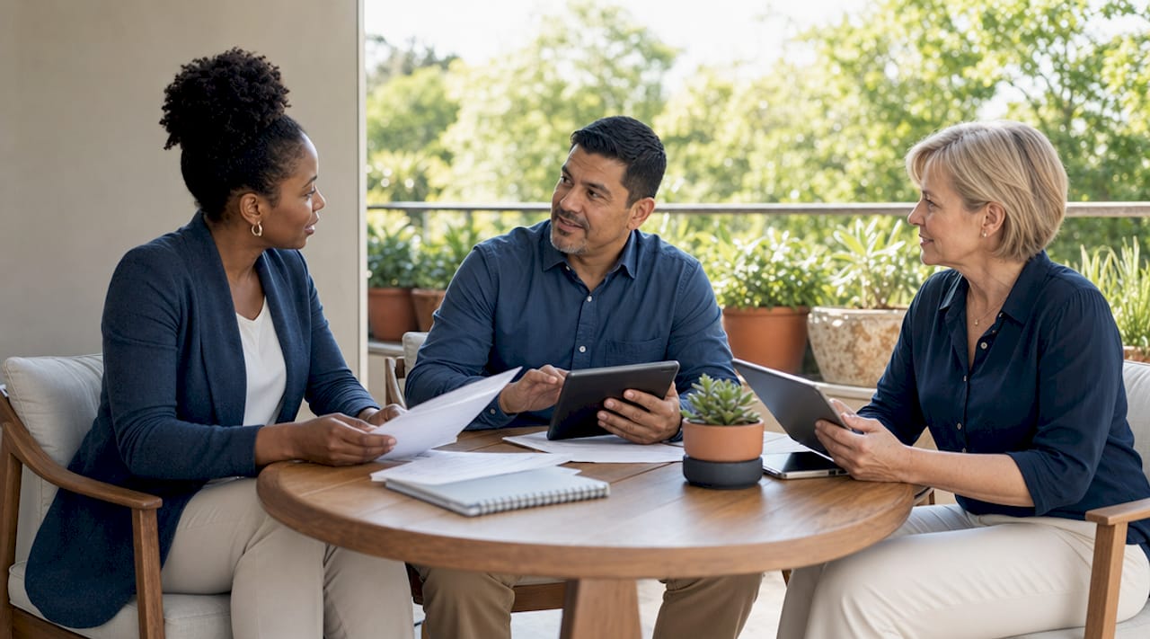 Property managers discussing violation letters at meeting table