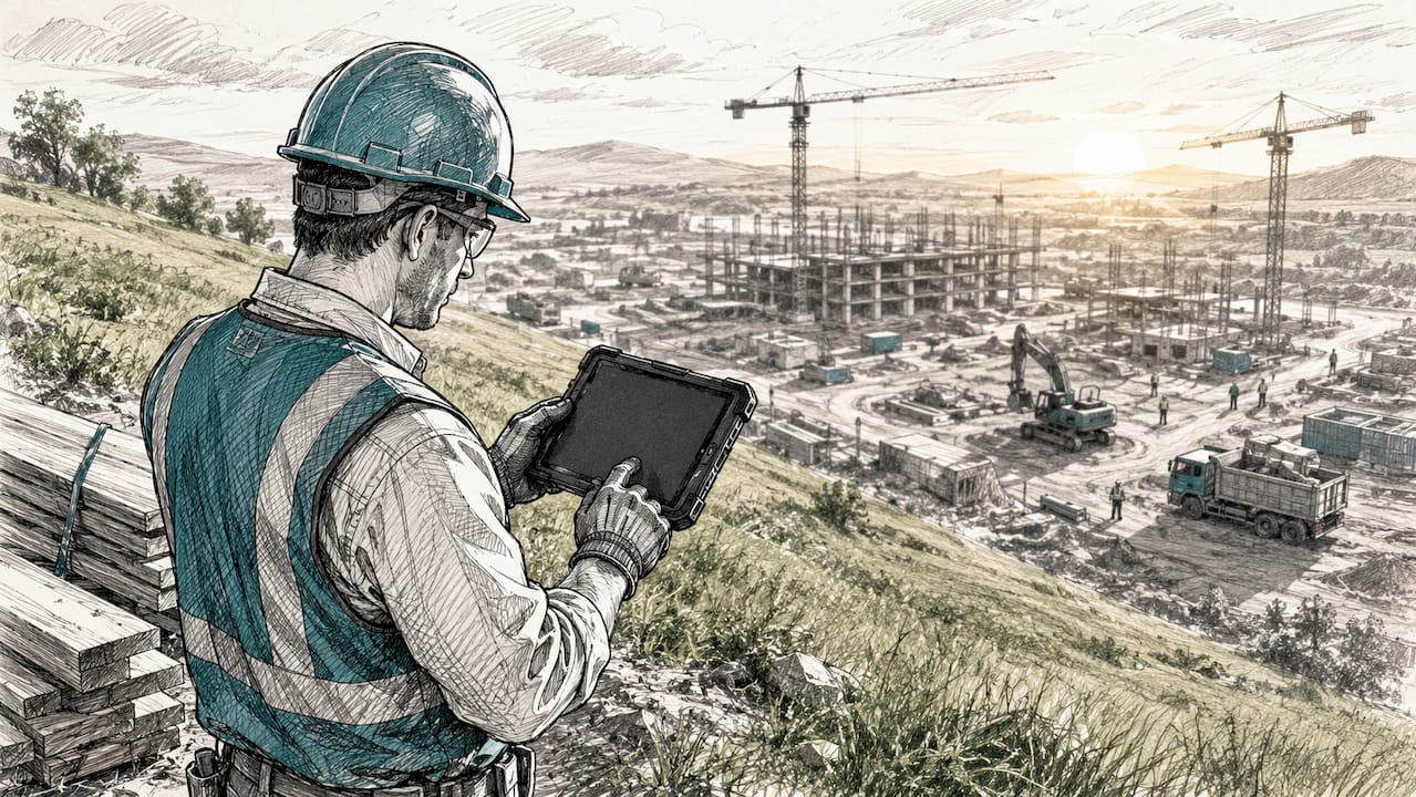 Technician using rugged tablet at outdoor construction site
