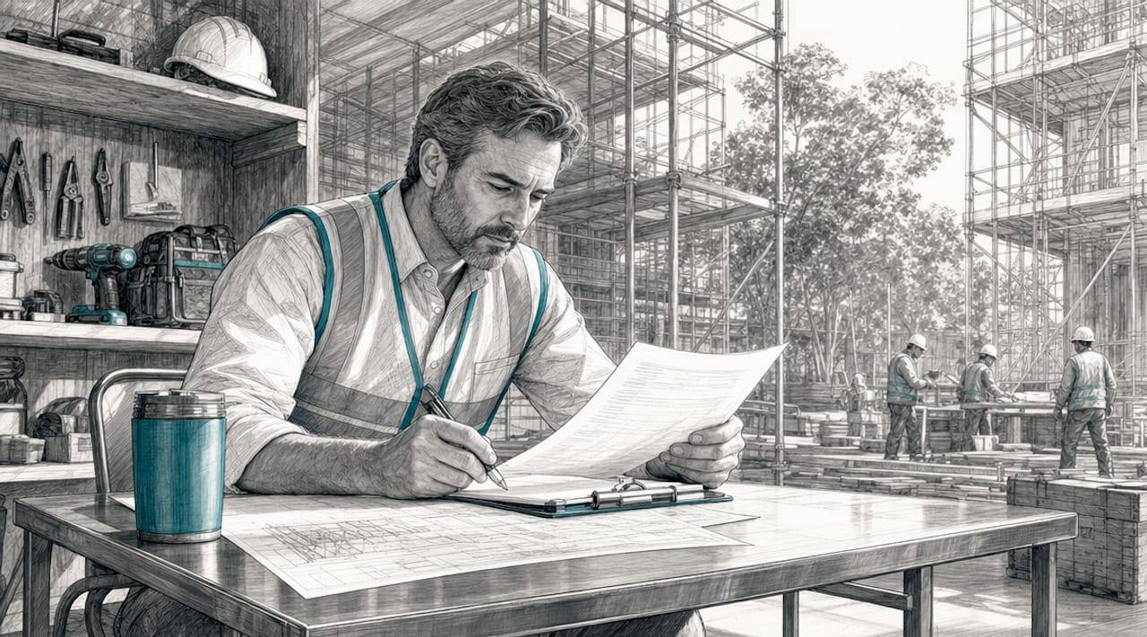 Contractor reviewing field software reports on-site