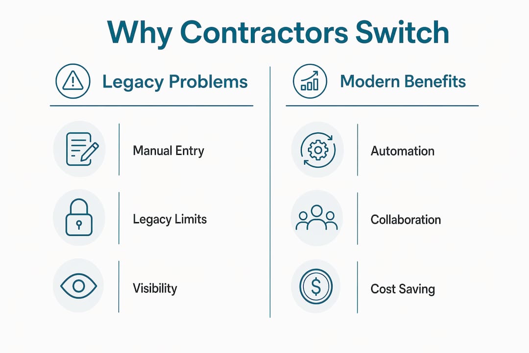 Infographic comparing legacy software problems and modern benefits