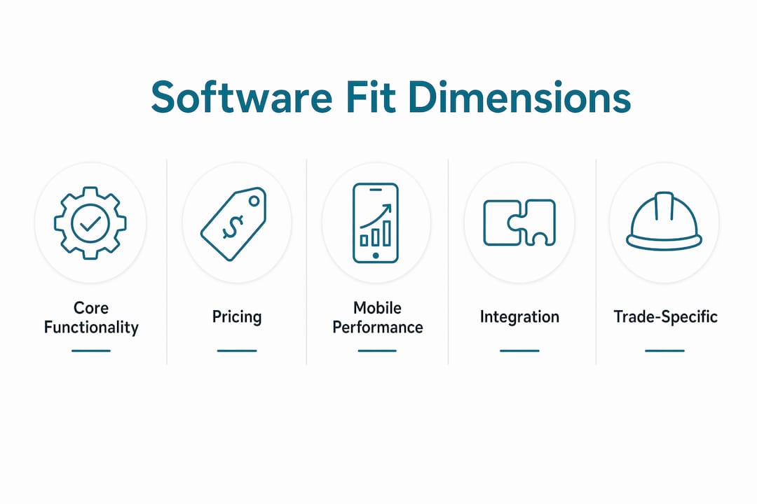 Infographic illustrating software fit evaluation dimensions