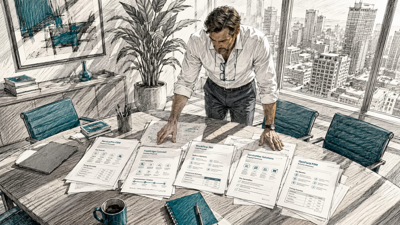 Field service manager reviewing software proposals
