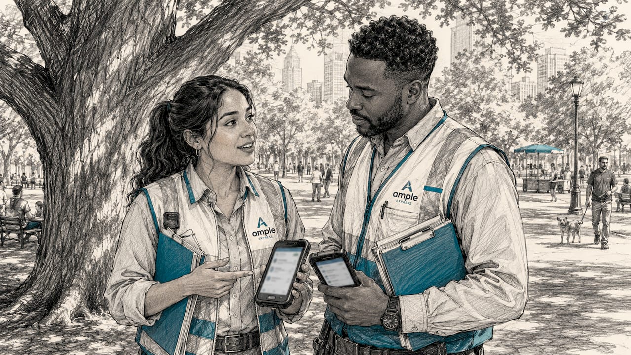 Field technicians using mobile devices outdoors