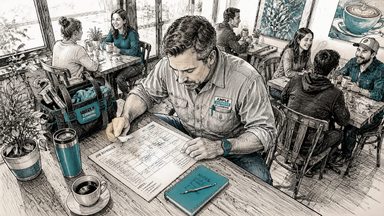 Plumber reviewing job schedule at desk