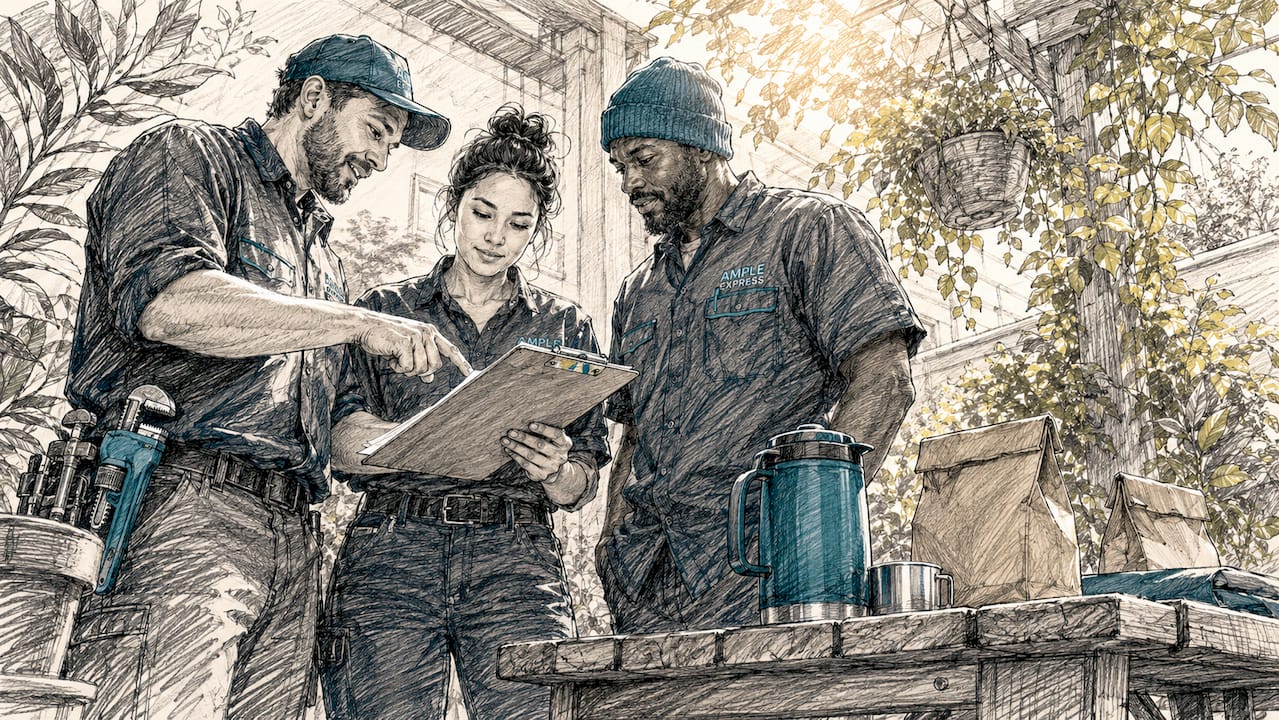 Plumbing team discussing job dispatch list