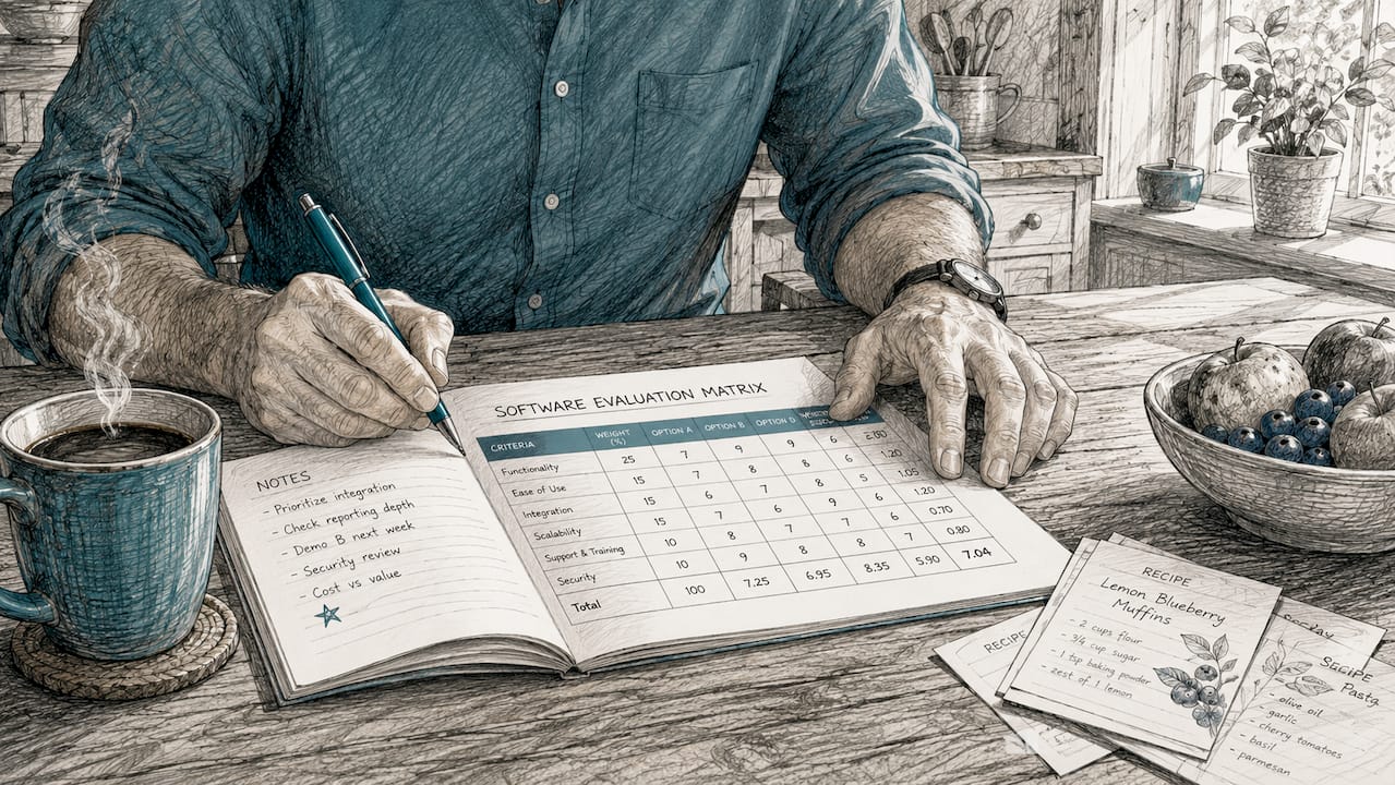 Close-up of hands writing on software scoring matrix