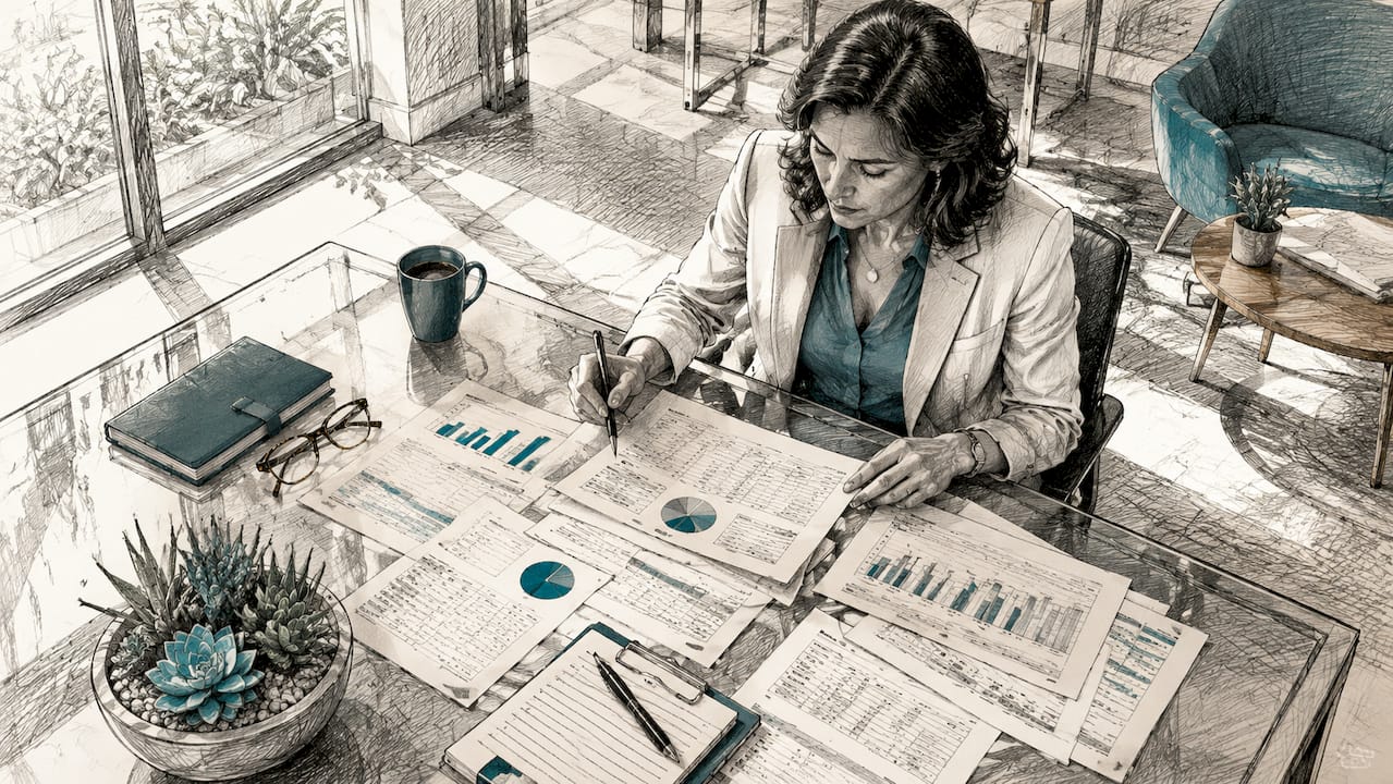 Woman reviewing software comparison charts at table