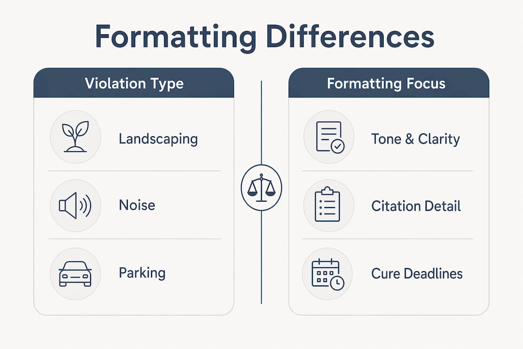 Infographic comparing HOA letter formatting by violation type