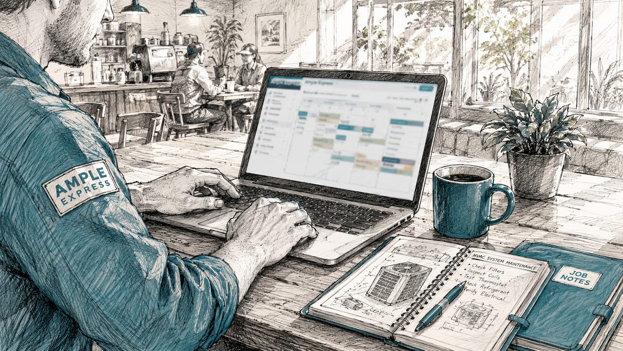 Technician using HVAC job management tools on devices