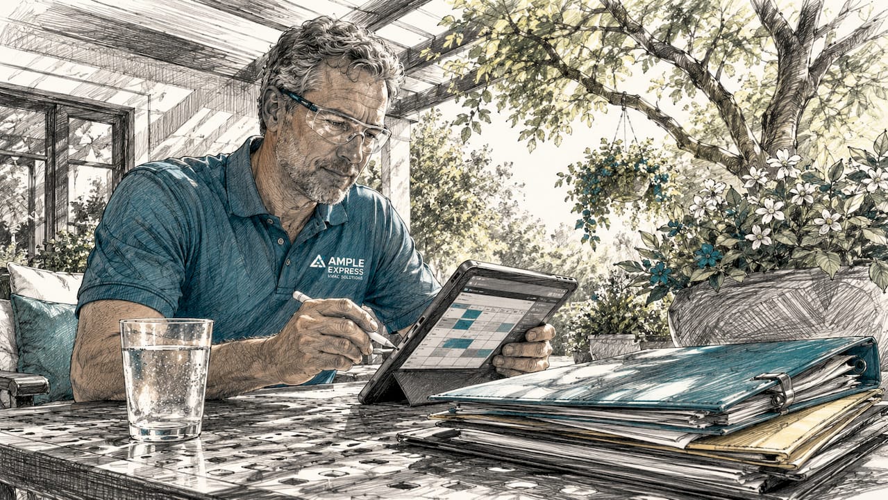 HVAC contractor managing job schedules at desk