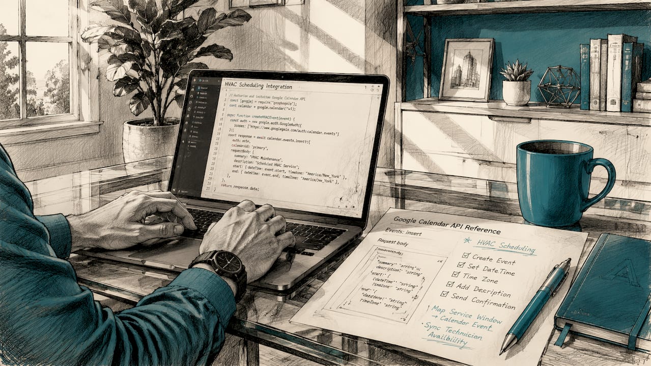 Hands typing with Google Calendar API document nearby
