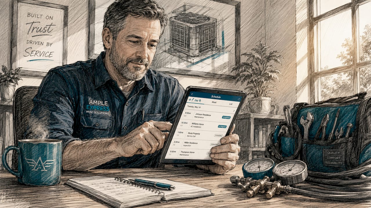 HVAC contractor reviewing scheduling app on tablet