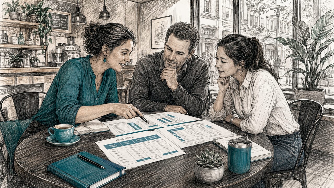 Team meeting discussing software pricing strategy