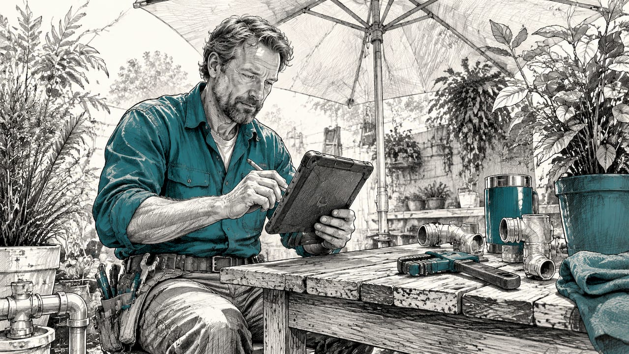 Plumber using tablet for automated billing