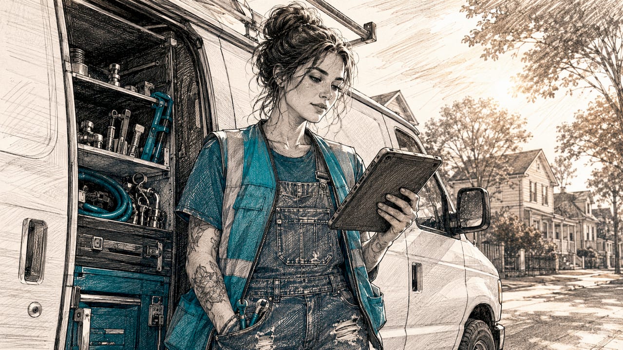 Technician closing job on smartphone in driveway