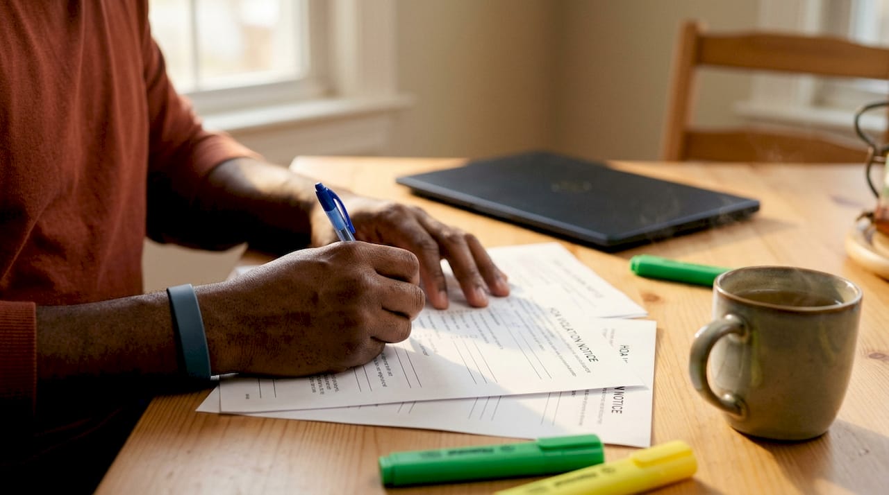 Hands writing notes on HOA violation letters