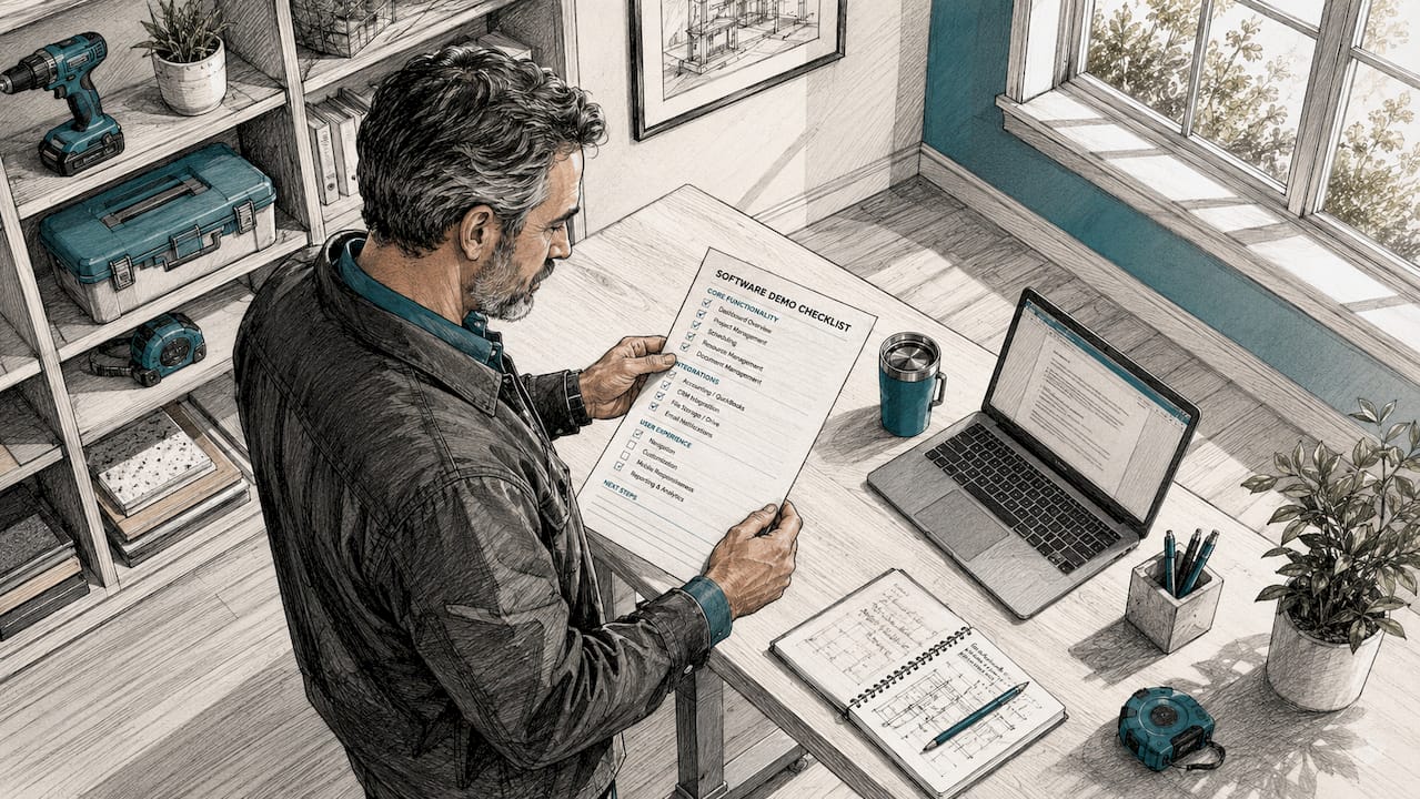 Contractor reviewing software demo checklist at home office desk