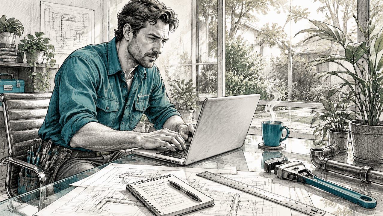 Plumber entering job details on laptop